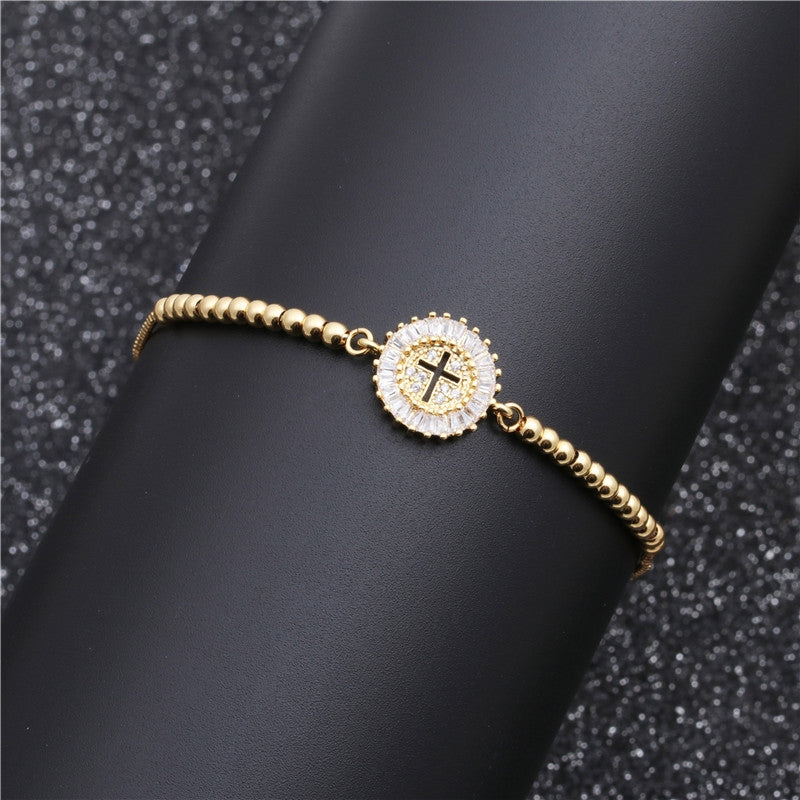 Adjustable Copper White Zircon Cross Bracelet for Couples