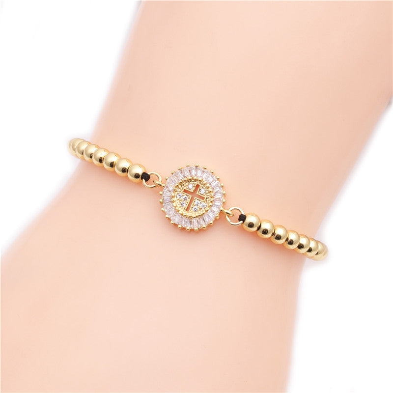 Adjustable Copper White Zircon Cross Bracelet for Couples