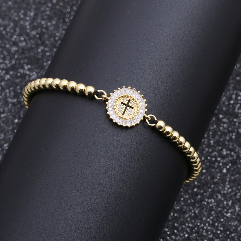 Adjustable Copper White Zircon Cross Bracelet for Couples