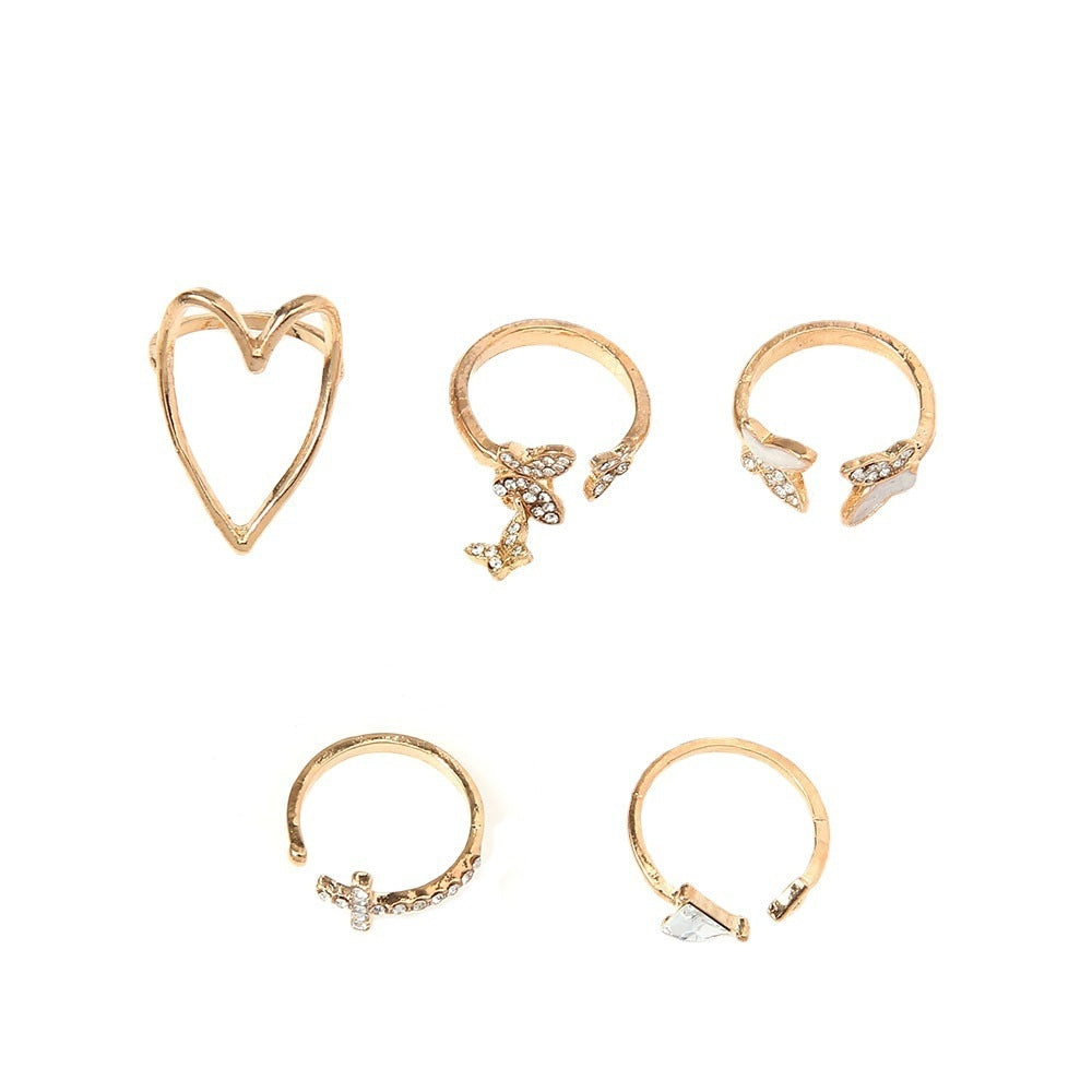 Simple Cross Heart Hollow Diamond Butterfly Ring Set - 5 Pieces