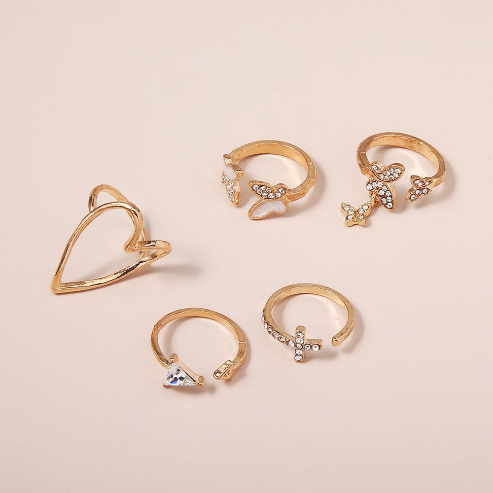 Simple Cross Heart Hollow Diamond Butterfly Ring Set - 5 Pieces