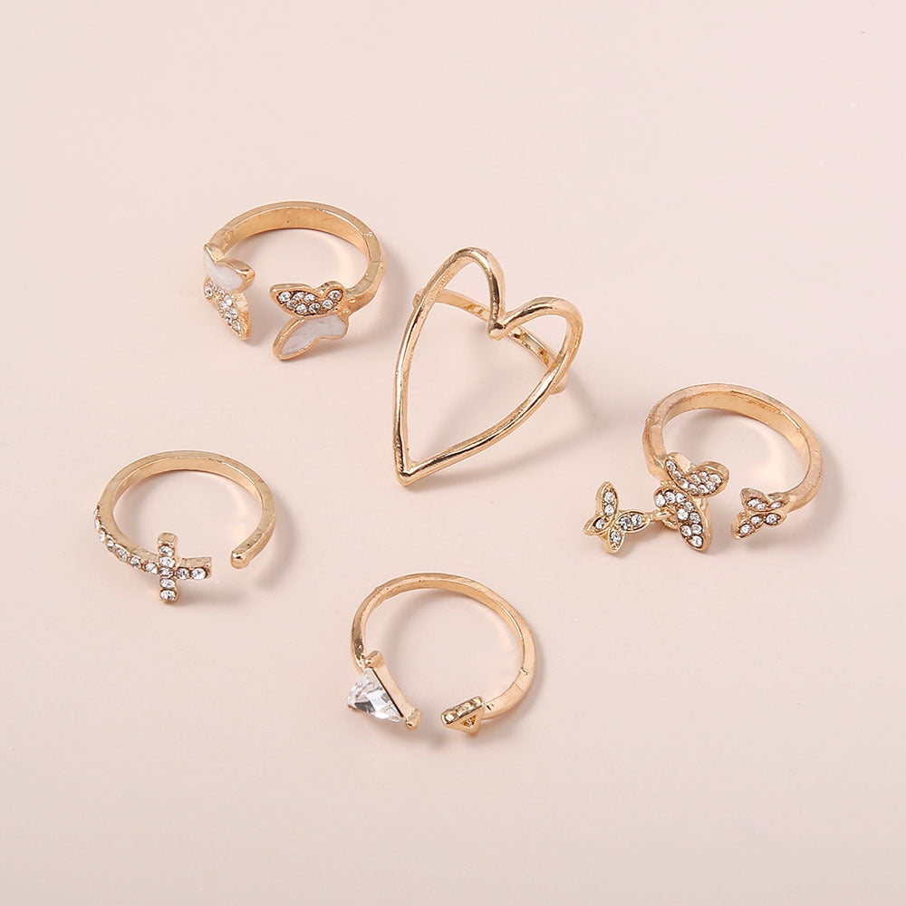 Simple Cross Heart Hollow Diamond Butterfly Ring Set - 5 Pieces