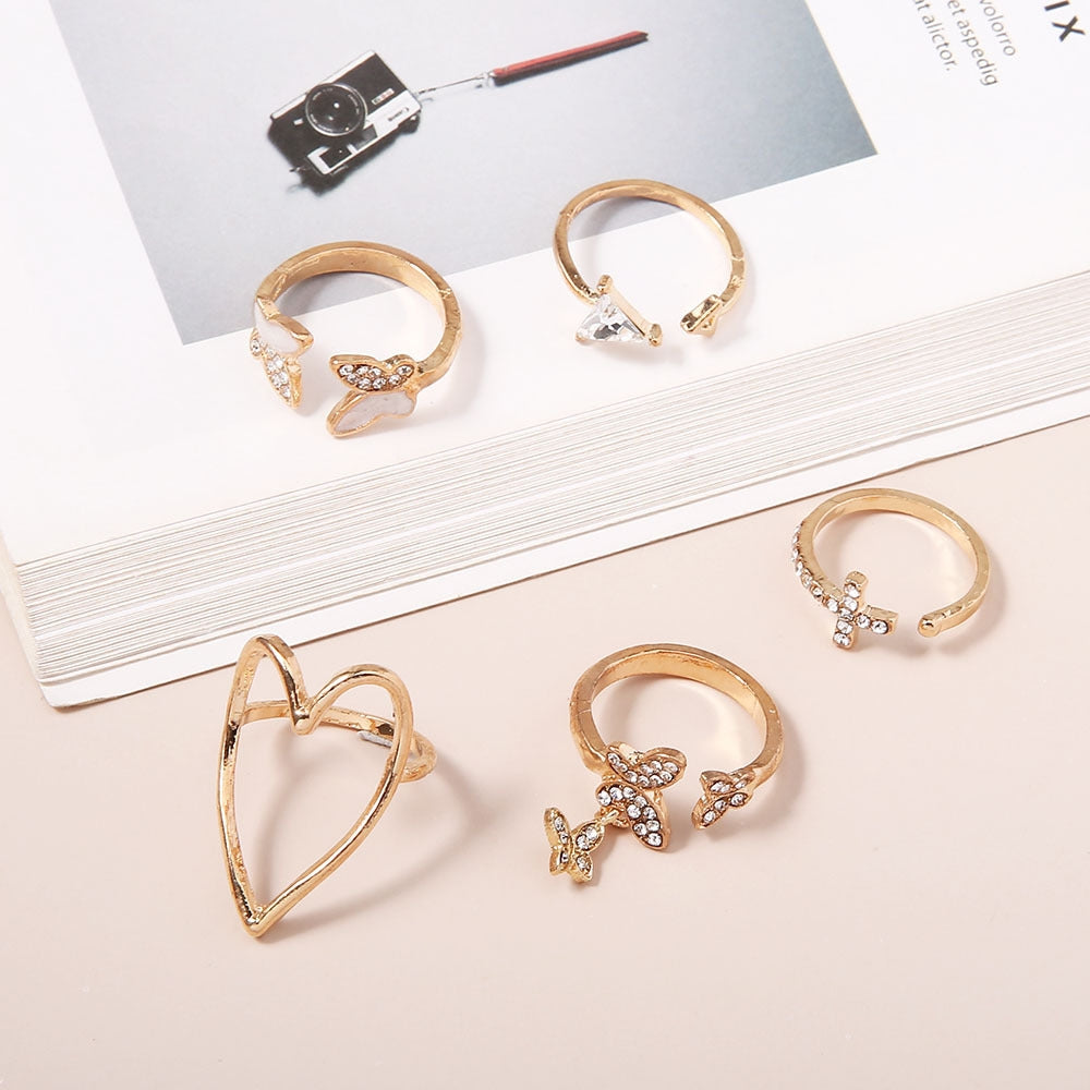 Simple Cross Heart Hollow Diamond Butterfly Ring Set - 5 Pieces