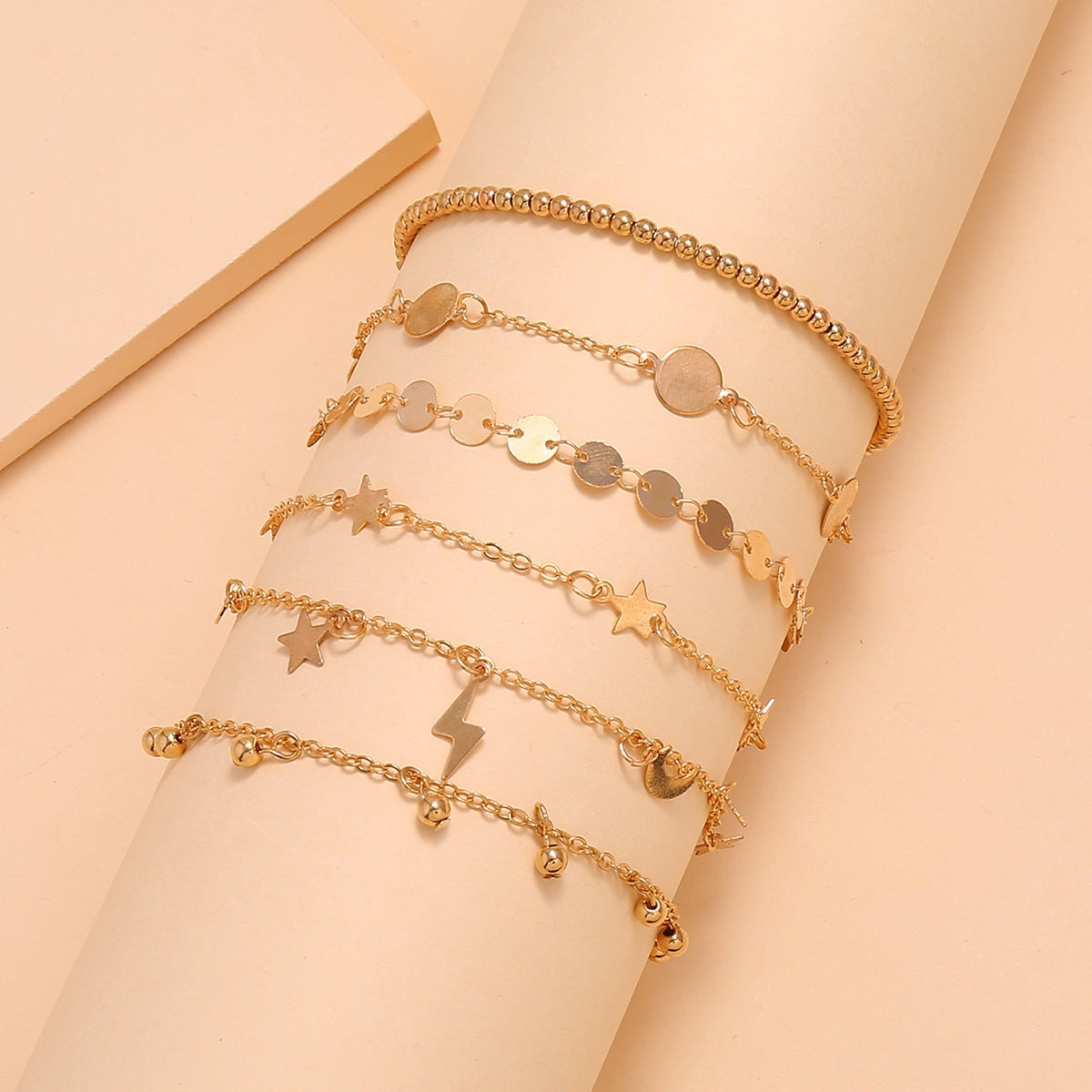 Simple Lightning Moon Star Pentagram Water Drop Fringe Handmade Multi-layer Anklet Set