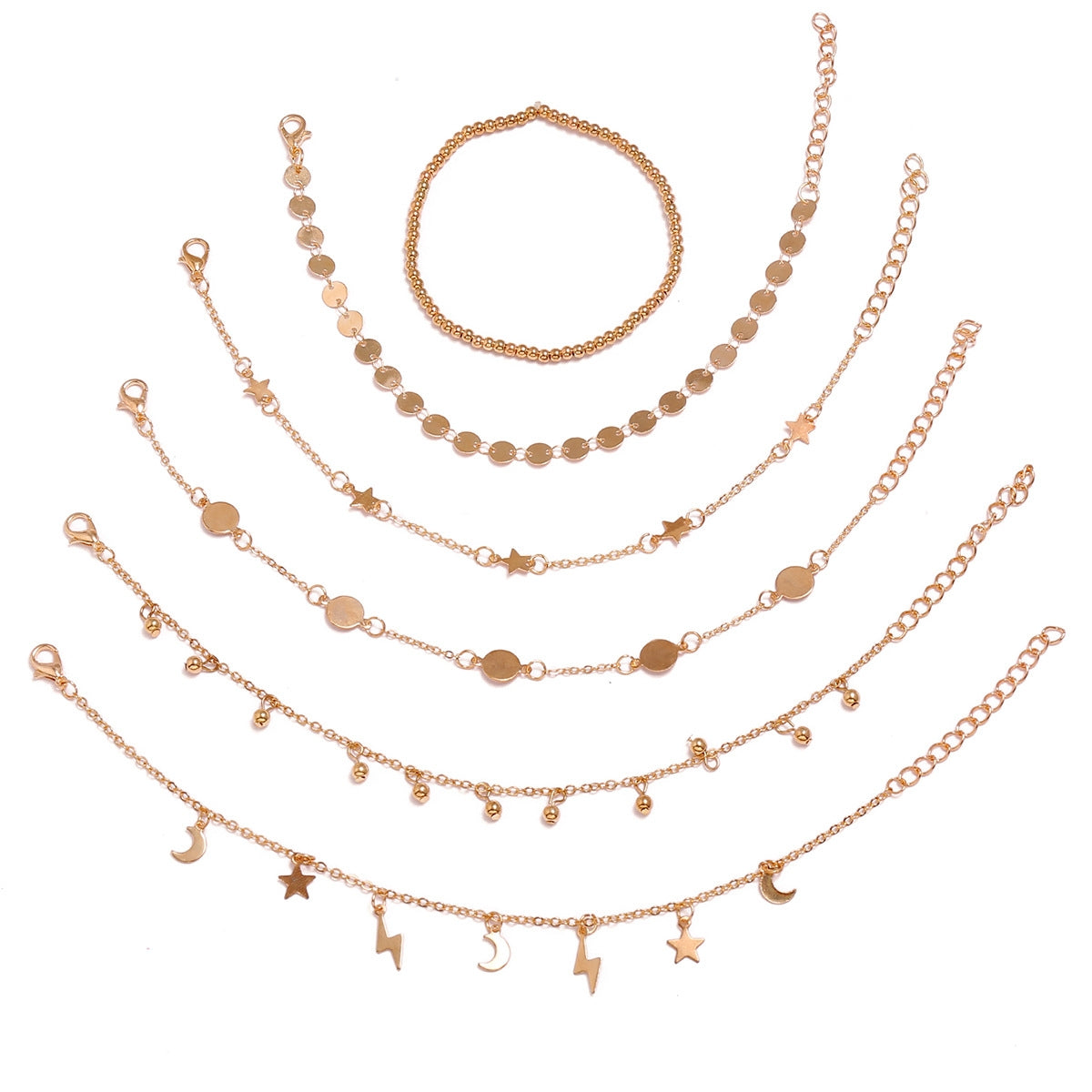 Simple Lightning Moon Star Pentagram Water Drop Fringe Handmade Multi-layer Anklet Set