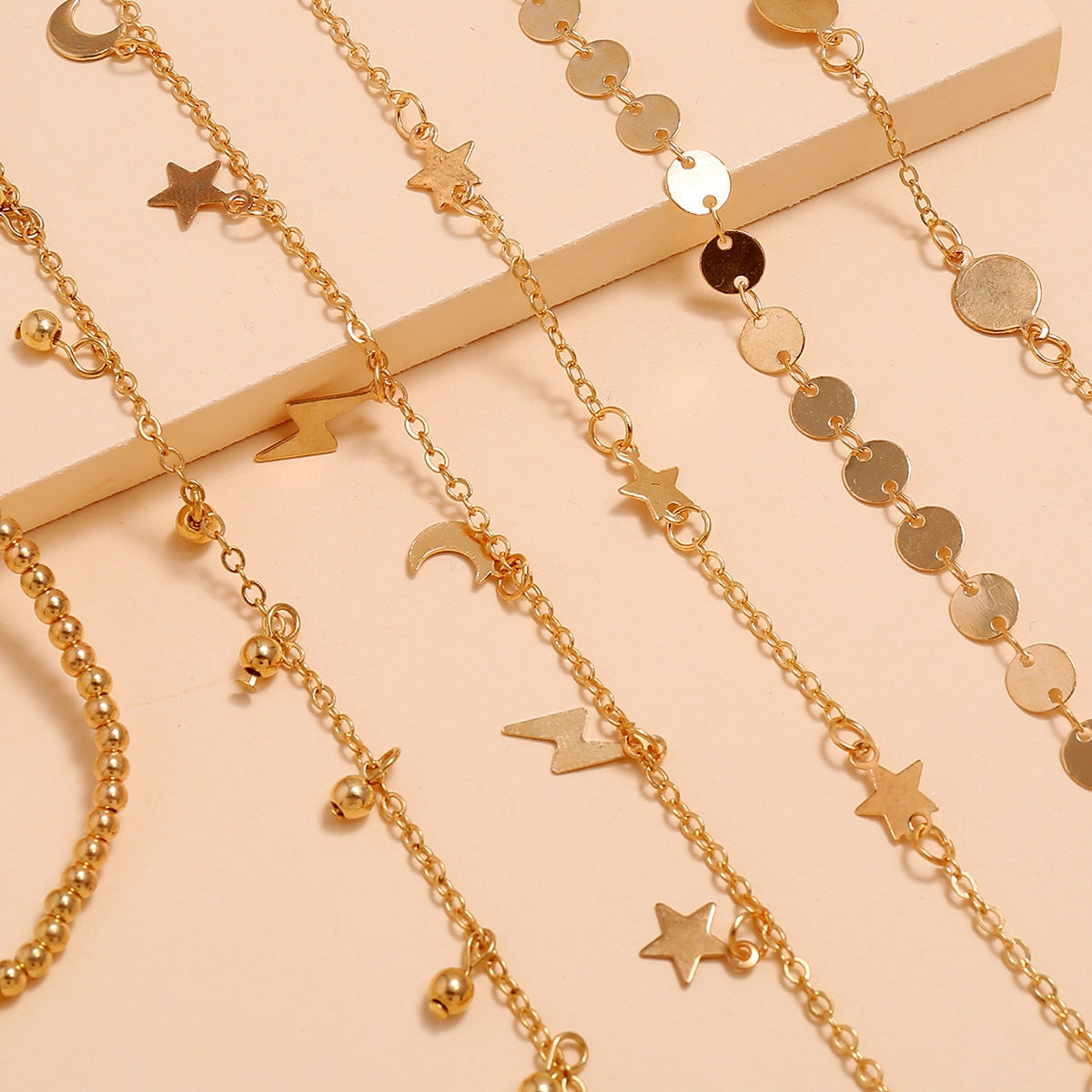 Simple Lightning Moon Star Pentagram Water Drop Fringe Handmade Multi-layer Anklet Set