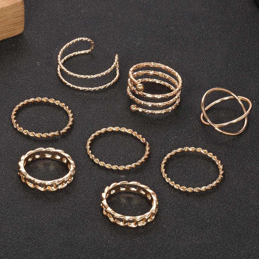 Simple Multi-layer Twist Ring and Minimalist Earrings Set - 8 Pieces