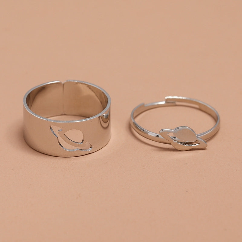 Simple Punk Hollow Universe Planet Adjustable Couple Rings Set