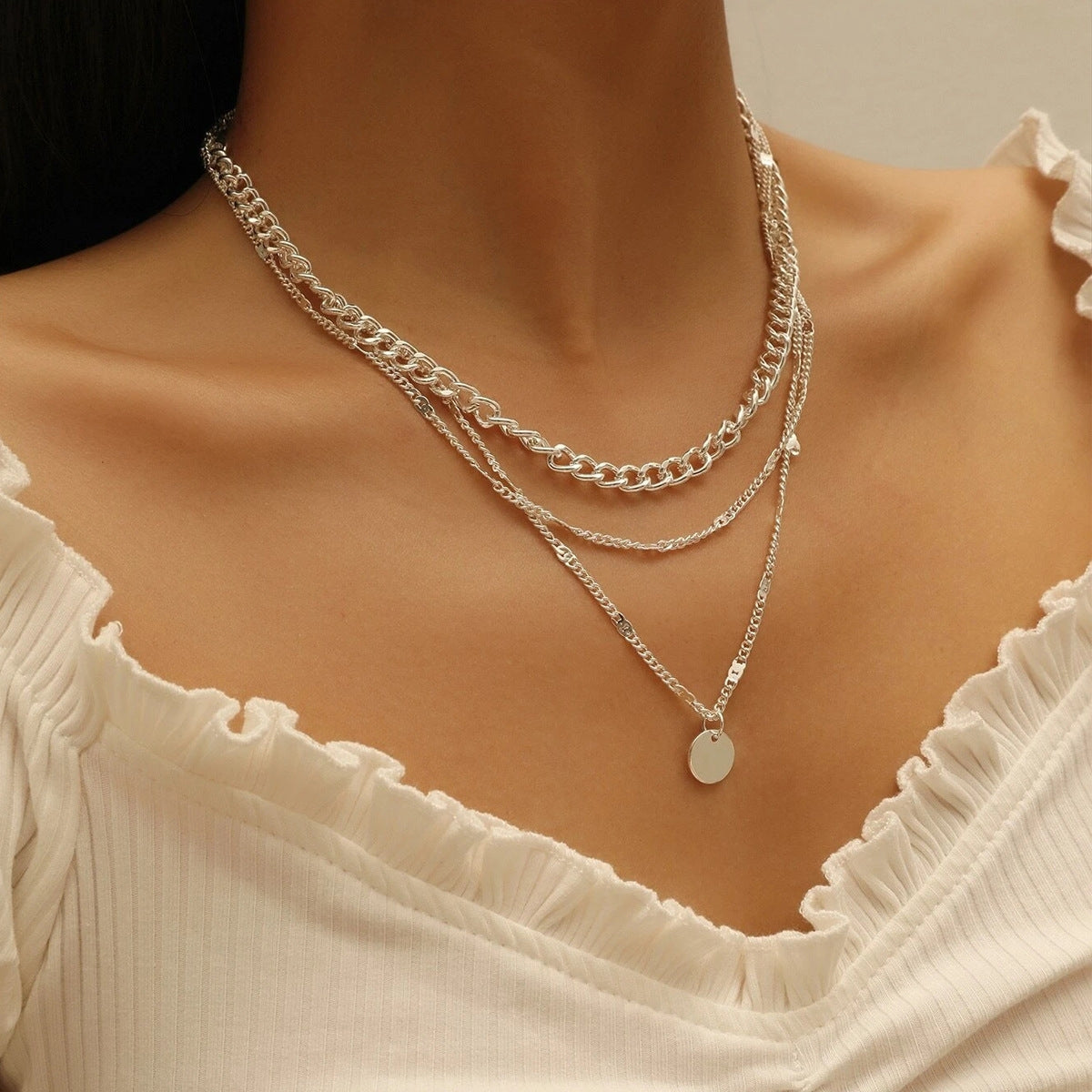 Simple Silver and Gold Multi-layer Alloy Chain Necklace