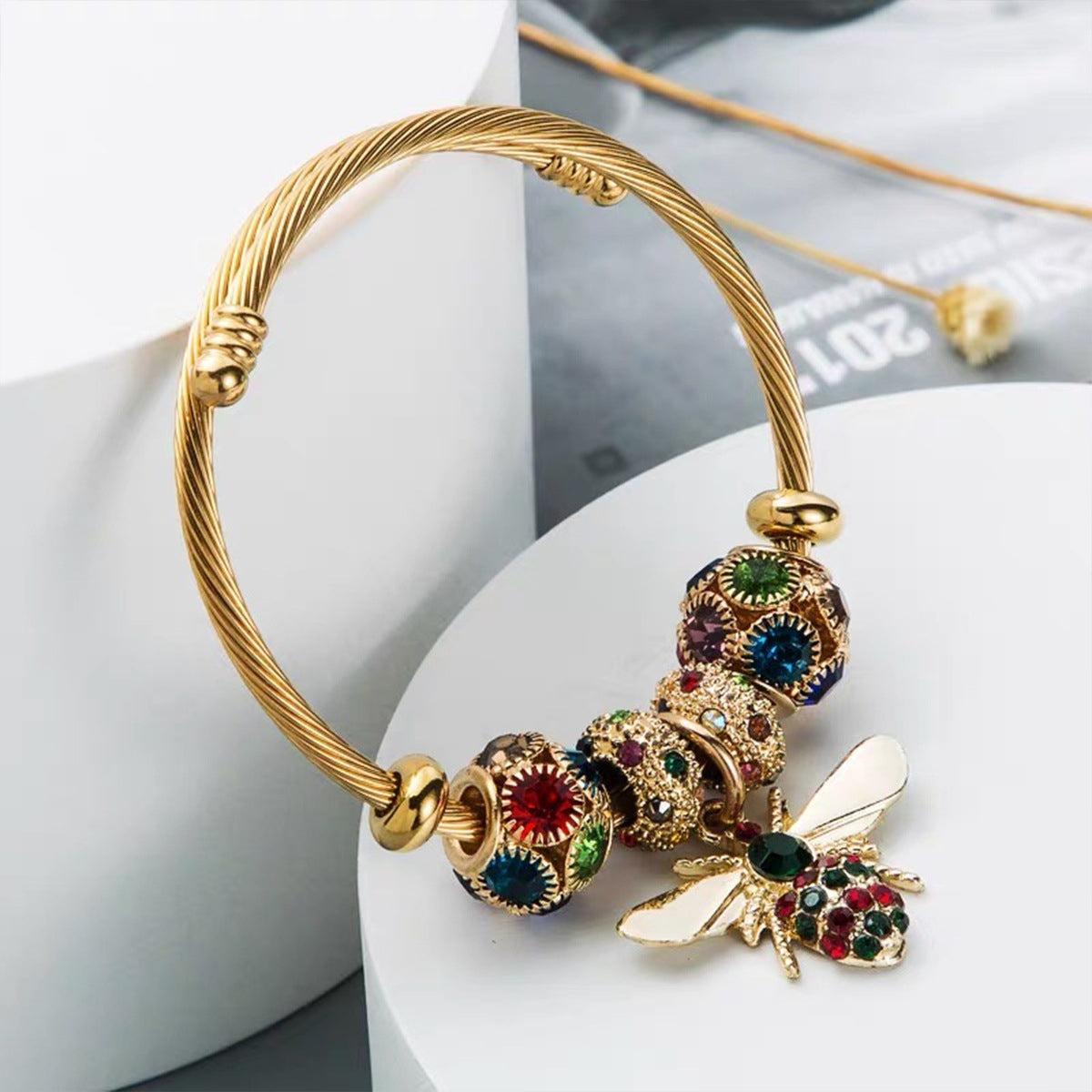 Colorful Bee Zircon Alloy Stainless Steel Bangle Bracelet