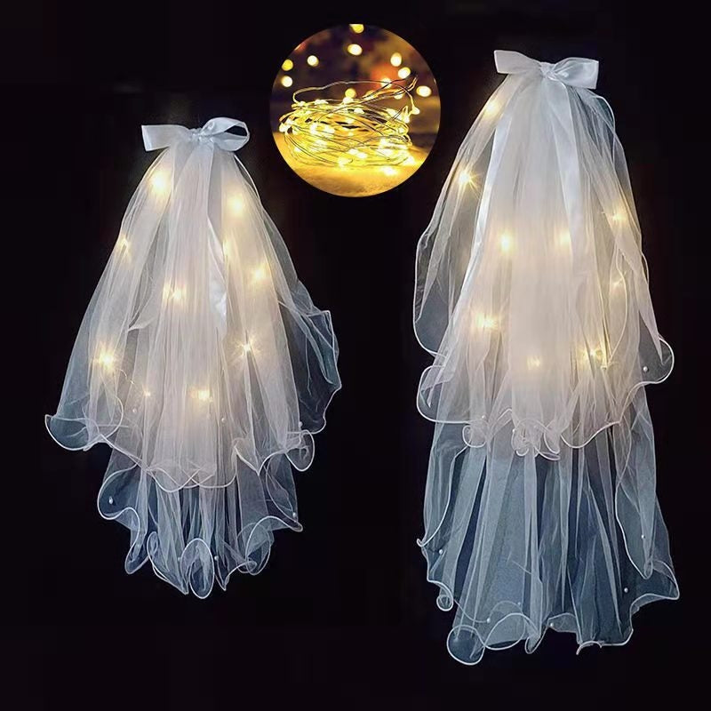 Simple Bow Knot LED Light-Up Birdcage Veil with Pearls and Ribbon