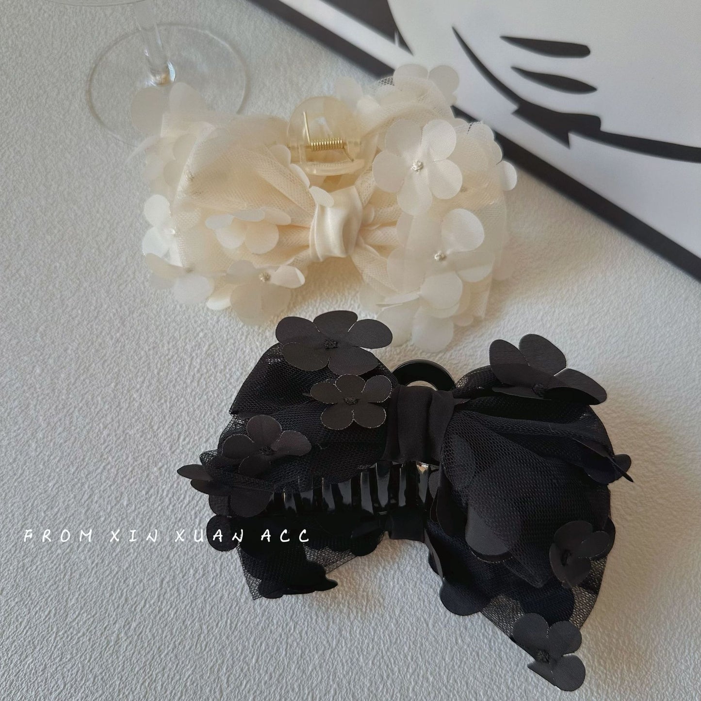 Elegant Bow Knot Hair Claw Clip - Lace Edge Floral Design, Versatile French Style Hair Accessory