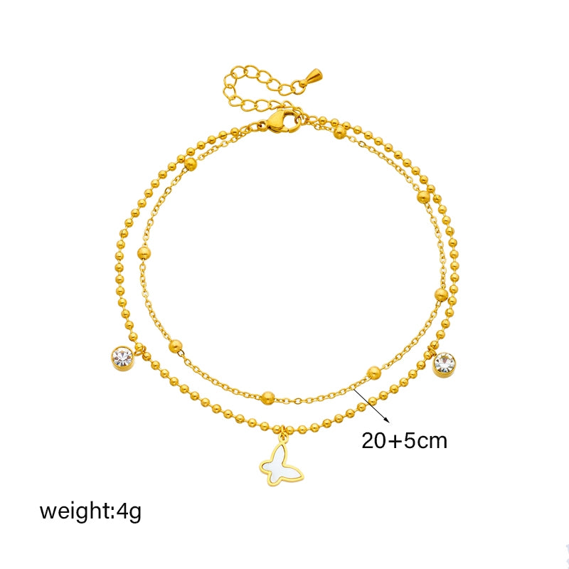 Elegant Butterfly Rhinestone Layered Stainless Steel Anklet for Women