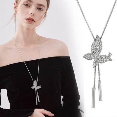 Elegant Crystal Butterfly Pendant Long Necklace for Women