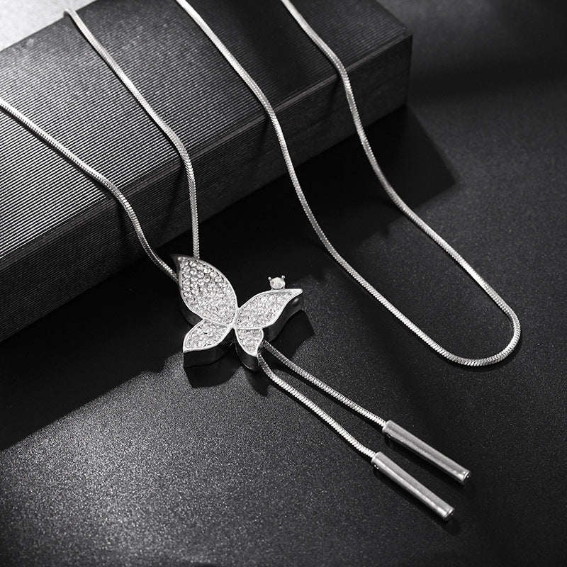 Elegant Crystal Butterfly Pendant Long Necklace for Women