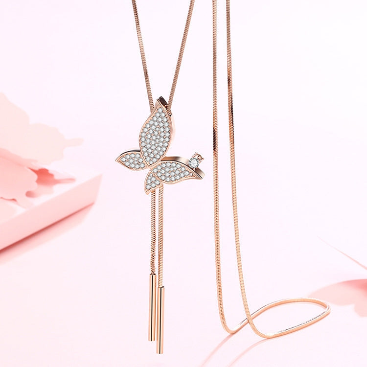 Elegant Crystal Butterfly Pendant Long Necklace for Women