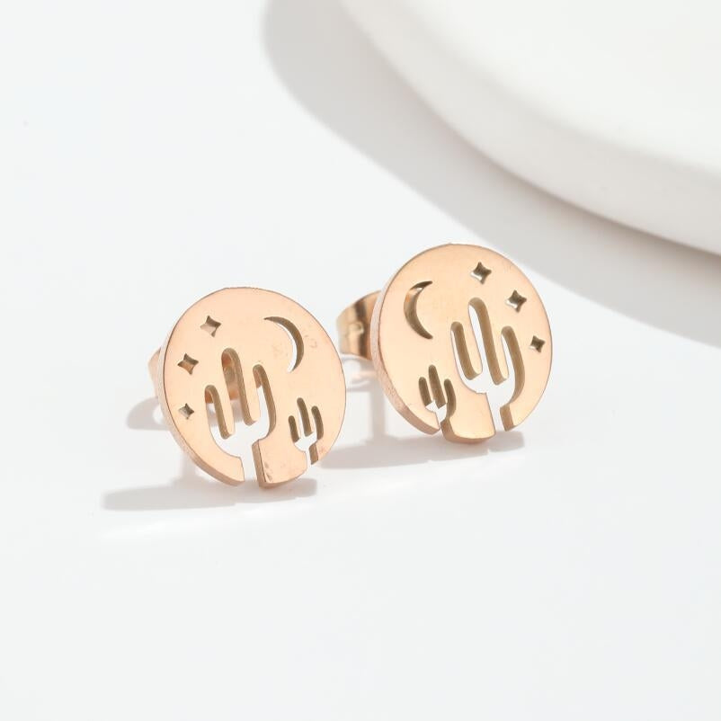 Simple Cactus Star Moon Stainless Steel Hollow Out Stud Earrings