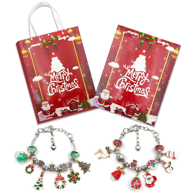 Simple Style Christmas Tree Alloy Jewelry & Red Gold Silver Countdown Calendar DIY Kids Gift Bracelet Set