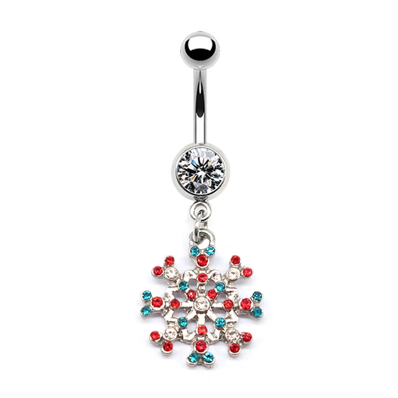 Simple Christmas Tree Snowflake Rhinestone Belly Ring in White Gold Plated Stainless Steel