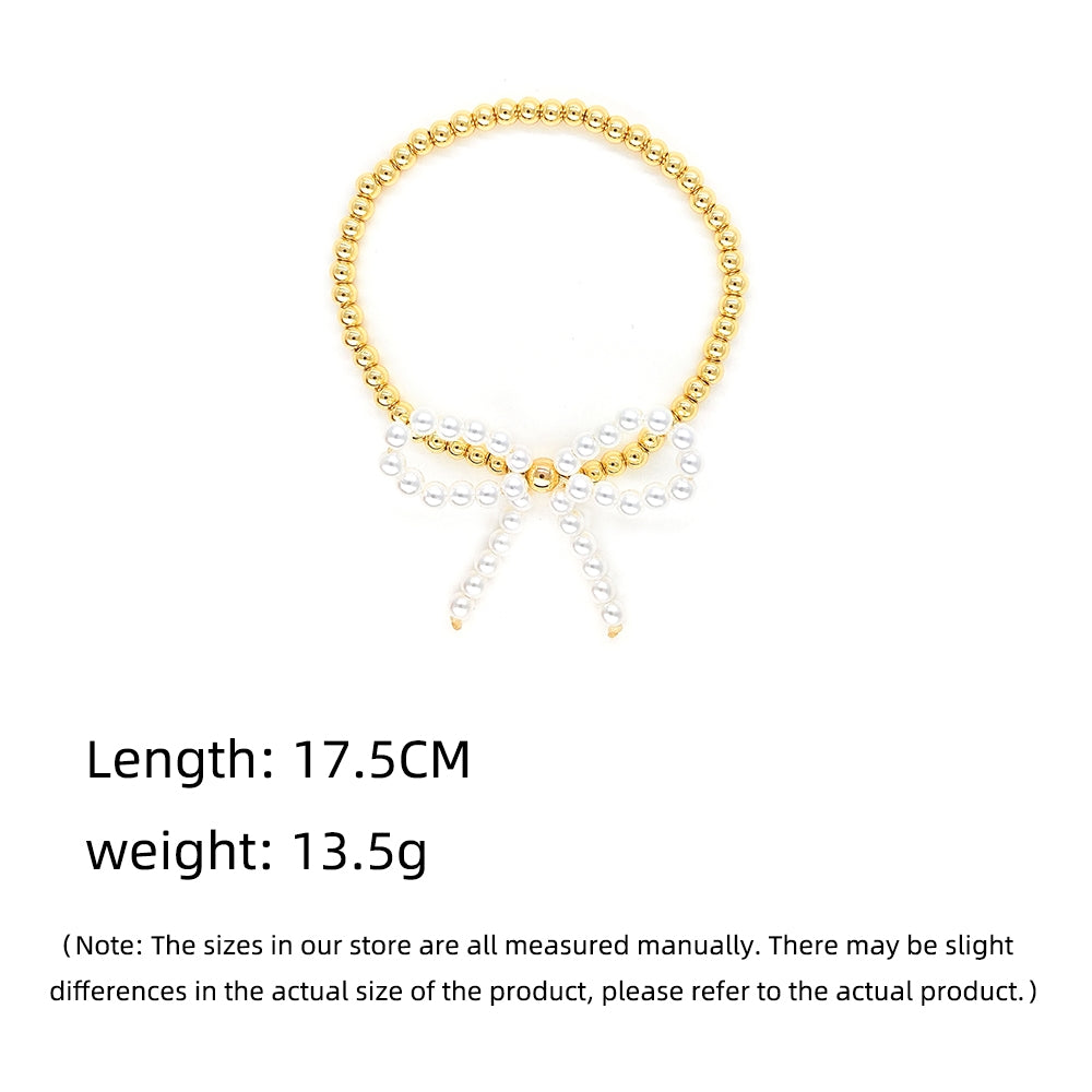 Simple Classic Bow Knot Imitation Pearl 18k Gold Beaded Bracelet for Women