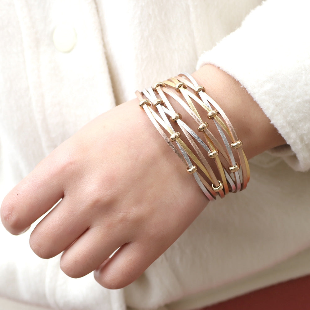 Simple Bohemian Leather Color Block Bracelet with Gold Silver Beads and Magnetic Clasp