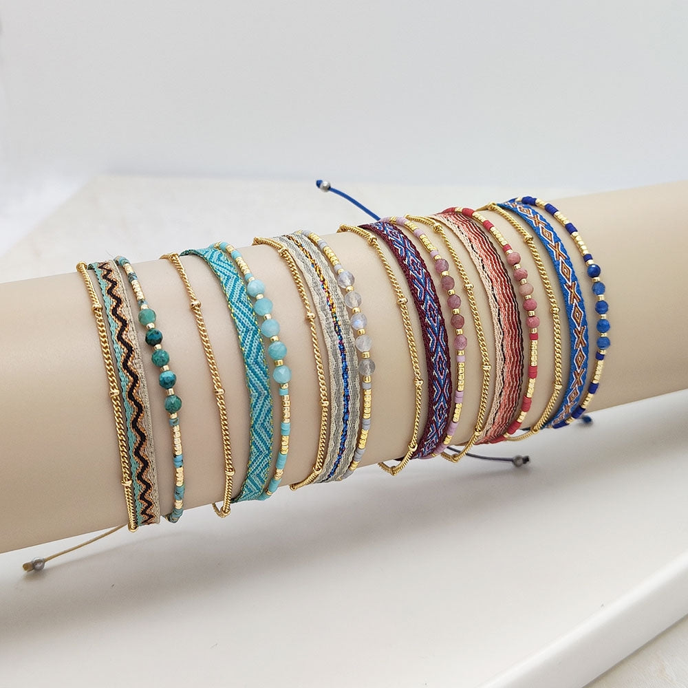 Simple Style Color Block Natural Stone Layered 18k Gold Plated Beaded Bracelets