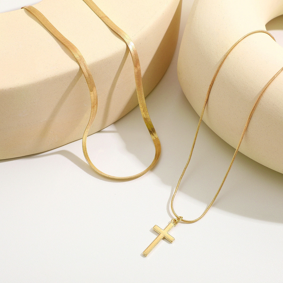 Simple Classic Cross Gold Plated Layered Necklace with Pearl Pendant