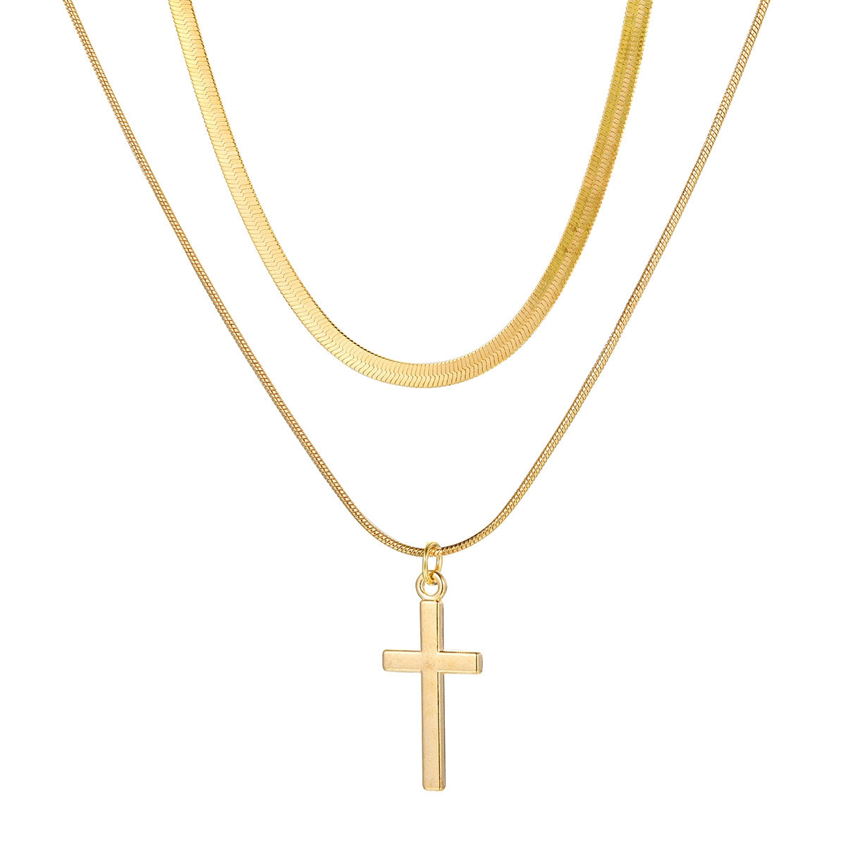 Simple Classic Cross Gold Plated Layered Necklace with Pearl Pendant