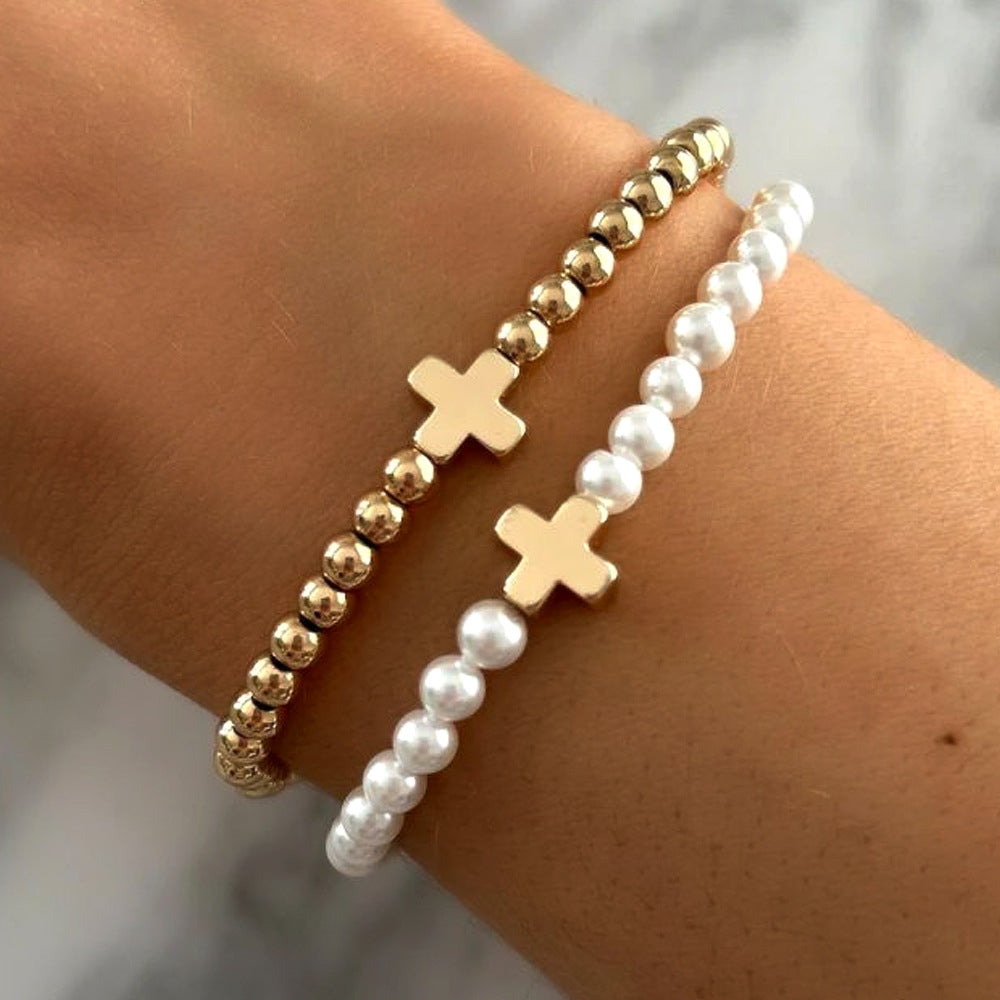 Simple Classic Cross Imitation Pearl Copper Bead Bracelet Set