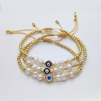 Devil's Eye Freshwater Pearl & 18K Gold Plated Beaded Bracelet