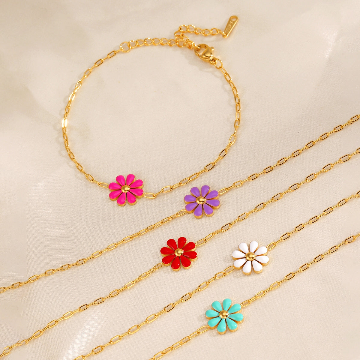 18K Gold Plated Stainless Steel Multi-Color Flower Resin Bracelet for Women