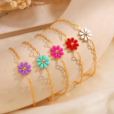 18K Gold Plated Stainless Steel Multi-Color Flower Resin Bracelet for Women