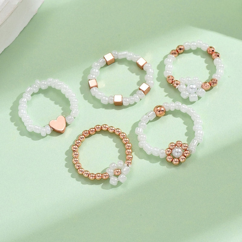 Bohemian Minimalist Flower Heart Beaded Pearl Women's Ring Set