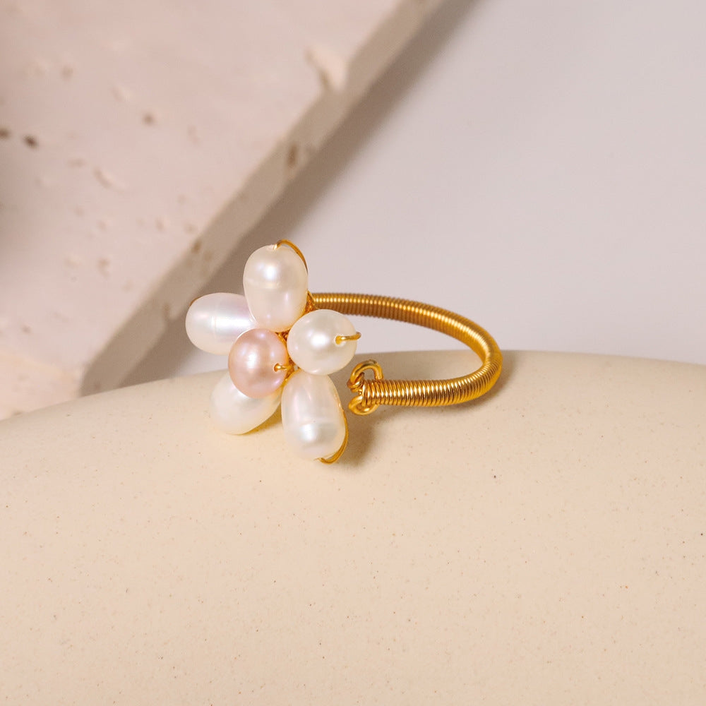 Simple Style Freshwater Pearl 18K Gold Plated Ring