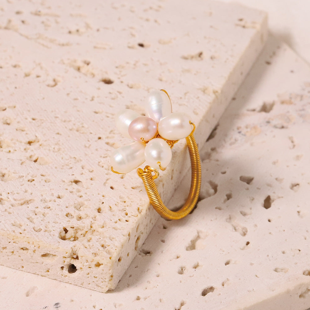 Simple Style Freshwater Pearl 18K Gold Plated Ring