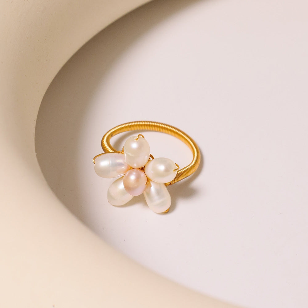 Simple Style Freshwater Pearl 18K Gold Plated Ring