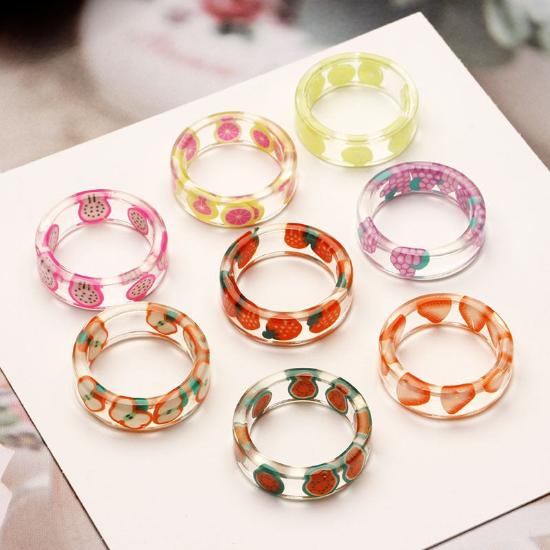 Acrylic Fruit Print Resin Rings for Women - Candy Color Heart Design