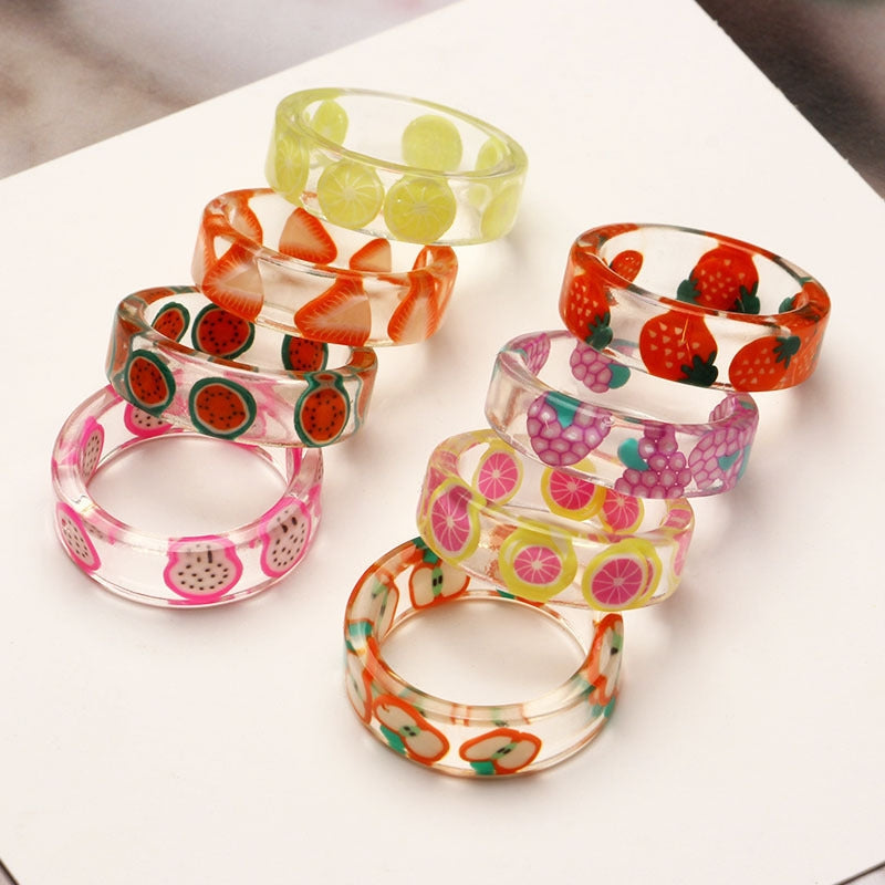 Acrylic Fruit Print Resin Rings for Women - Candy Color Heart Design