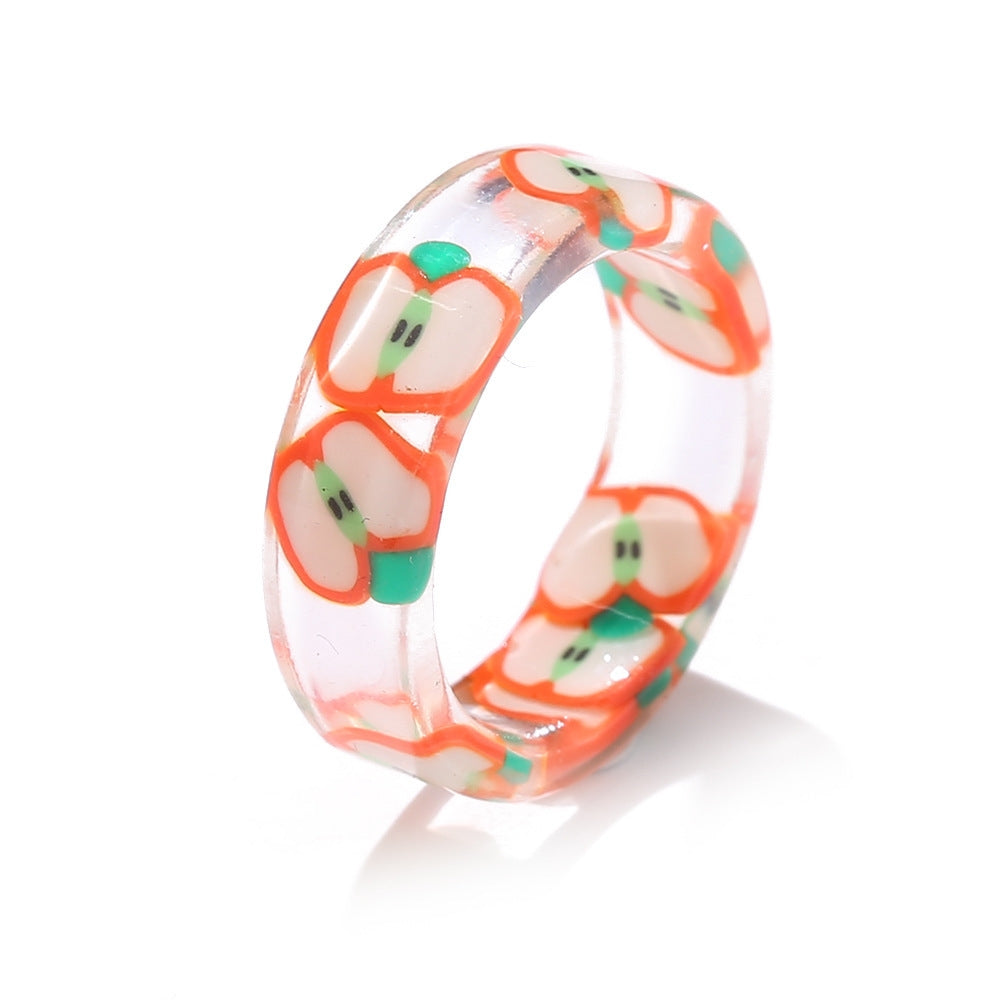 Acrylic Fruit Print Resin Rings for Women - Candy Color Heart Design