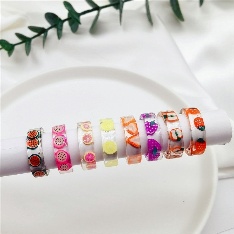 Acrylic Fruit Print Resin Rings for Women - Candy Color Heart Design