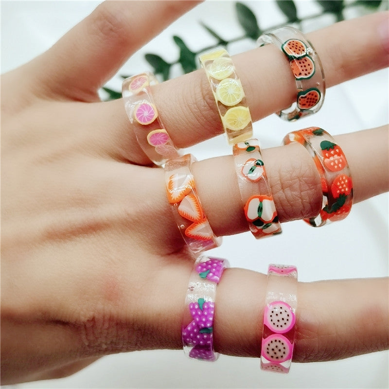 Acrylic Fruit Print Resin Rings for Women - Candy Color Heart Design