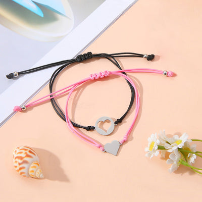 Simple Heart-Shaped Stainless Steel and PU Leather Parent-Child Bracelet