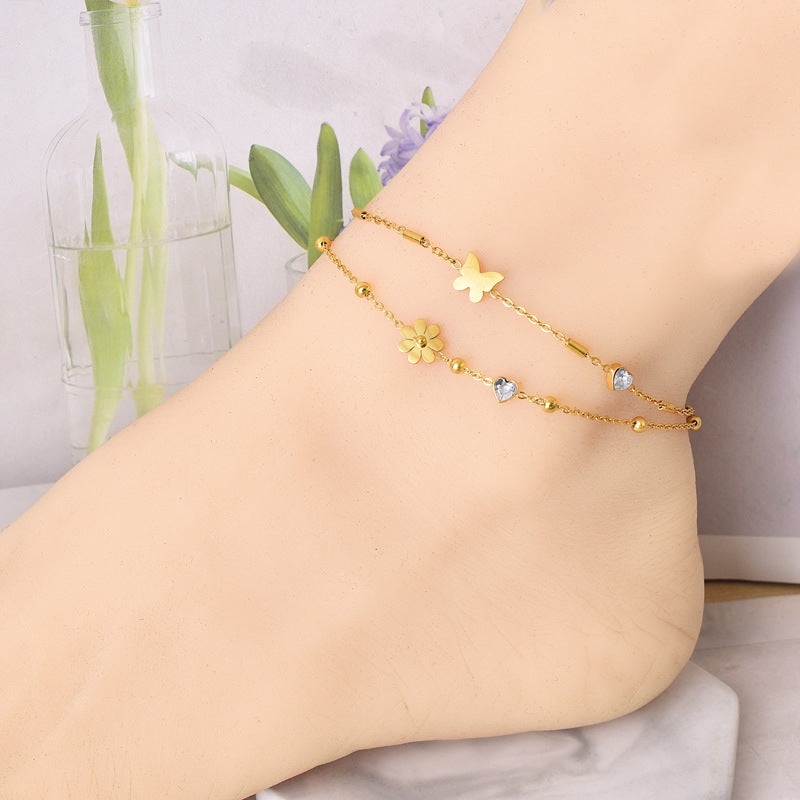 Elegant Heart & Butterfly 18K Gold Plated Stainless Steel Anklet with Rhinestones and Shell