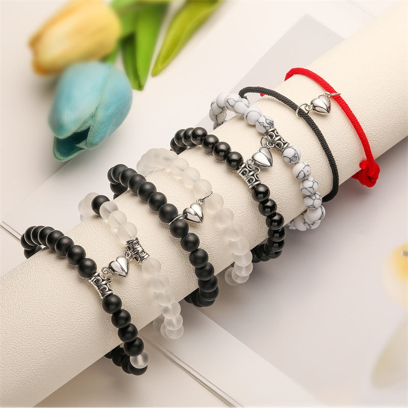 Simple Heart Shape Agate Magnetic Couple Bracelets Set