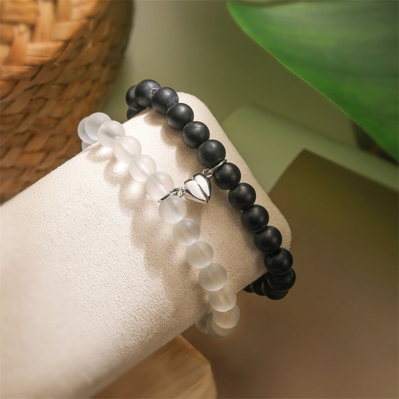 Simple Heart Shape Agate Magnetic Couple Bracelets Set