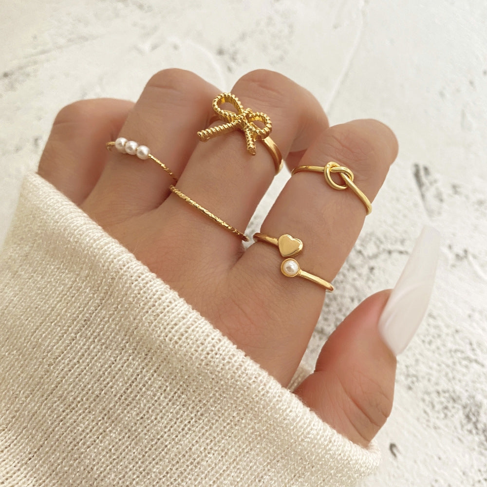 Elegant Heart Bow Knot & Pearl Geometric Ring Set for Women