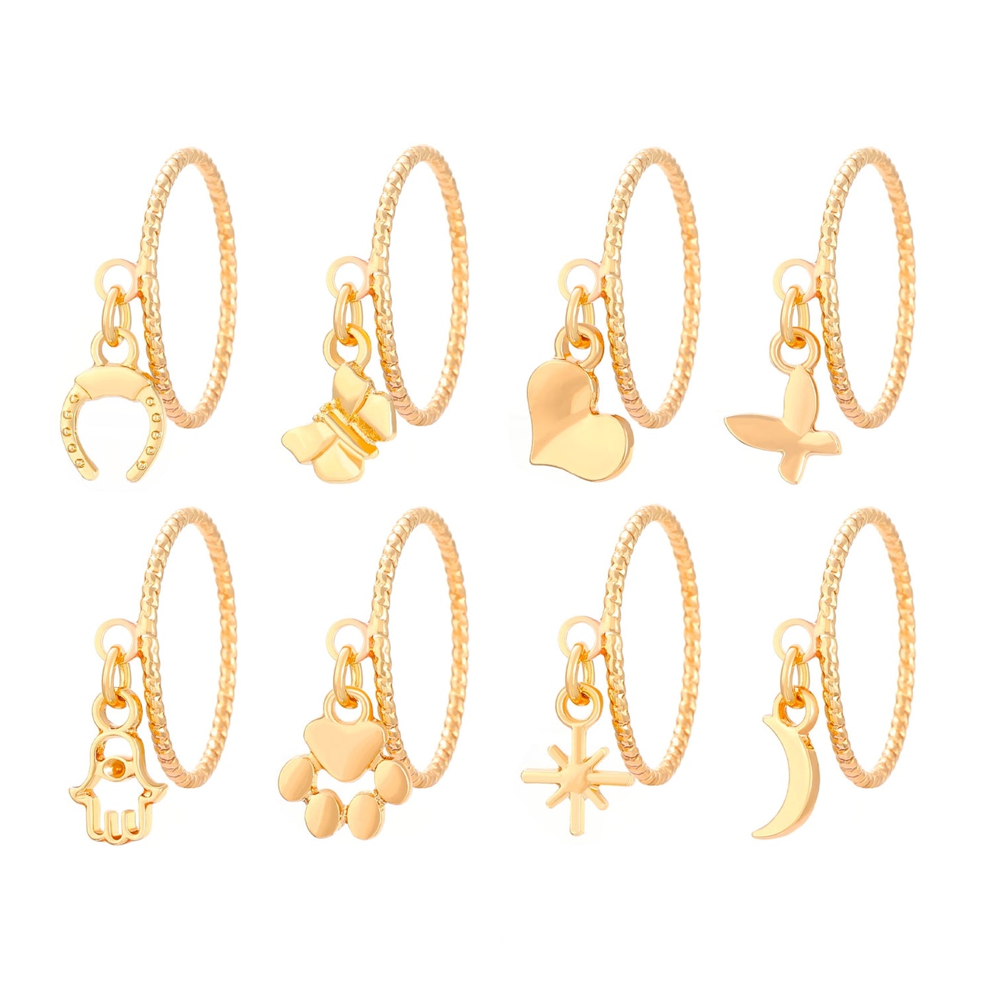 Simple Heart Butterfly Alloy Plated Women's Ring Set with Chain Tassel Pendants - 8 Piece Collection