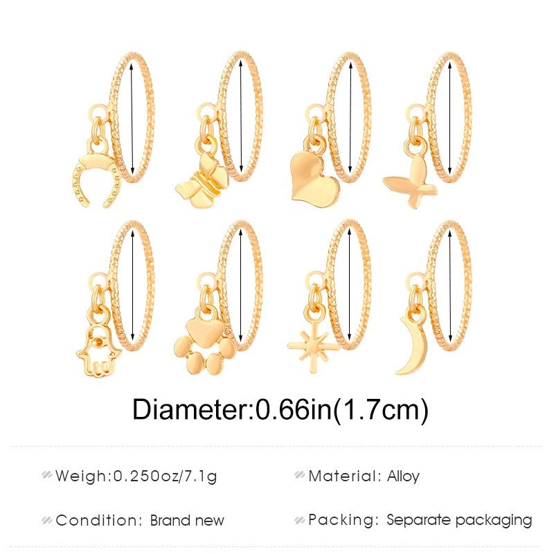 Simple Heart Butterfly Alloy Plated Women's Ring Set with Chain Tassel Pendants - 8 Piece Collection