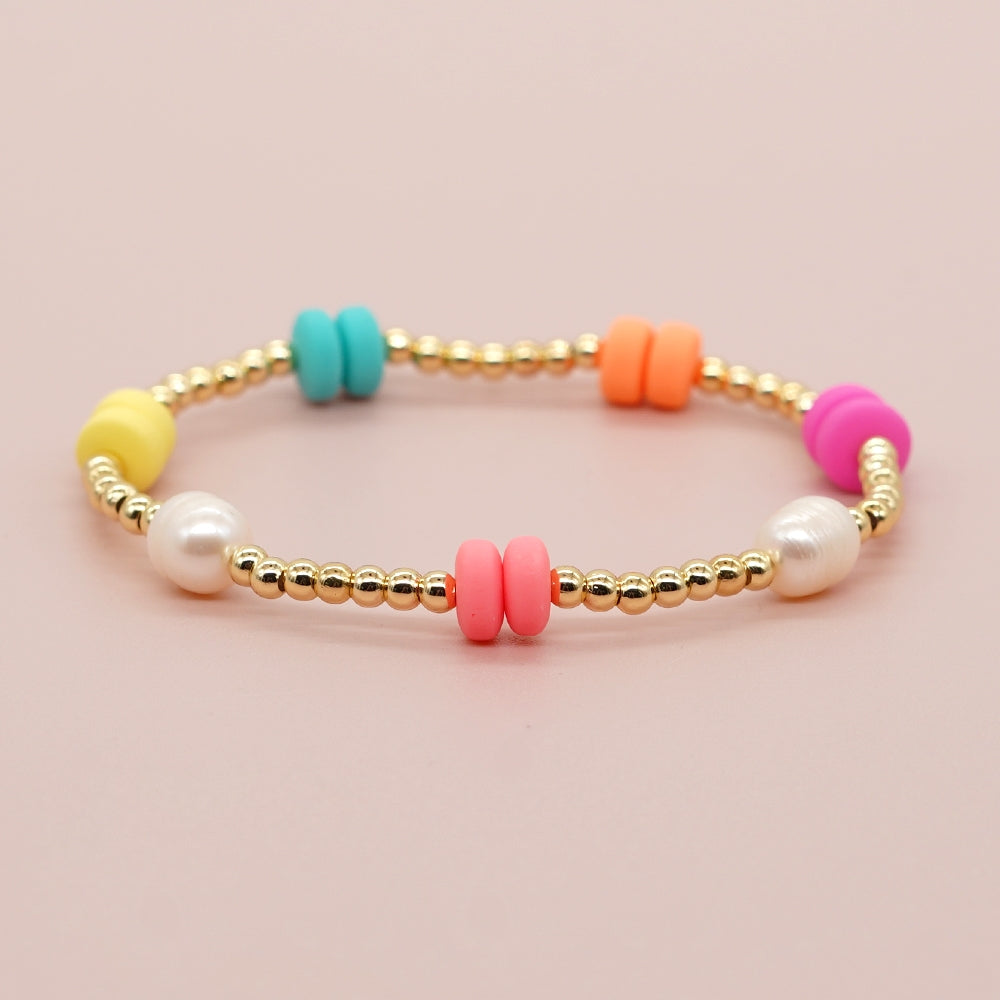 Simple Classic Pearl Acrylic Freshwater Pearl Copper Beaded Bracelet with Colorful Soft Pottery Pearls