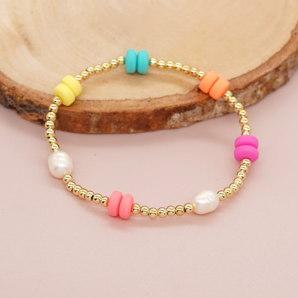 Simple Classic Pearl Acrylic Freshwater Pearl Copper Beaded Bracelet with Colorful Soft Pottery Pearls